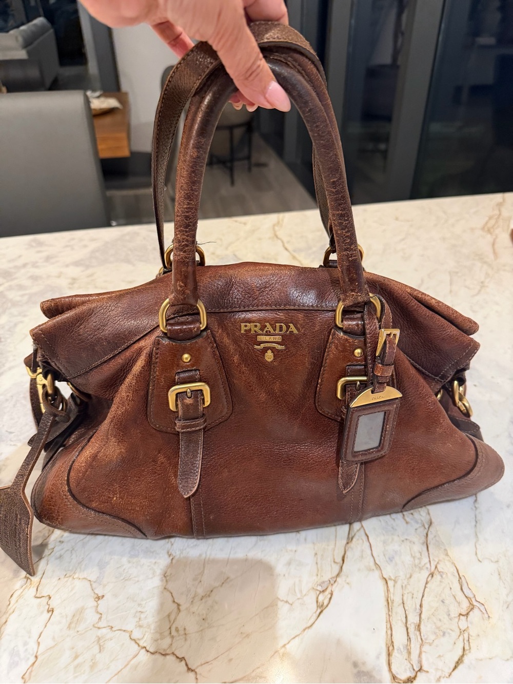Prada Cognac Leather Satchel with Gold Hardware